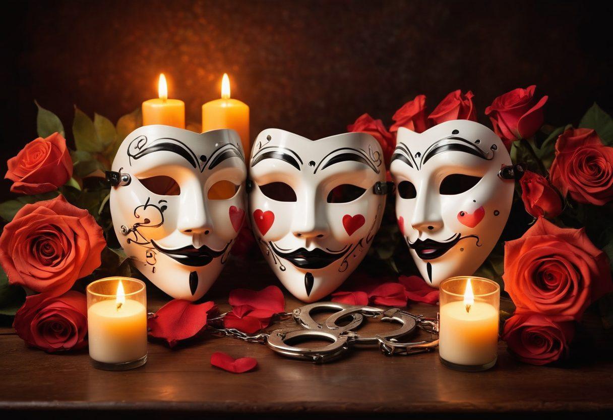 A surreal blend of diverse adult media symbols like masks, hearts, and handcuffs, intermingled with romantic elements like roses and soft candlelight. The background transitions from dark to light, representing a journey from shadows to love. Include a sense of exploration and acceptance, with inviting warm colors and soft textures. mystical, vibrant colors, soft focus.